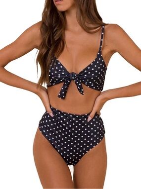 Polka Dot High-Waist Tie Front Bikini - Black/White